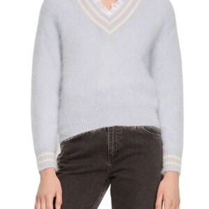Sandro Soft Blue V-Neck Sweater with Cream Accents